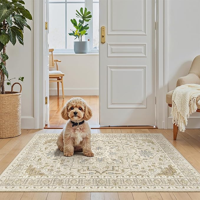 Madane Washable Area Rug 2x3, Small Entryway Rug Non-Slip Vintage Door Mat Indoor Entrance, Low Pile Floor Carpet for Inside Front Door Bedroom Kitchen Entry Laundry (2'x3', Beige/Blue)