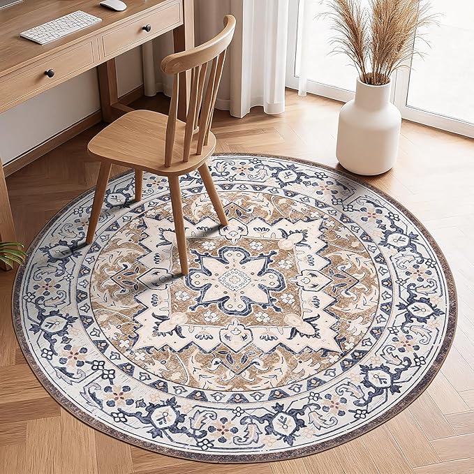 Lofus 4ft Area Rugs for Living Room, Washable Area Rug, Rugs for Bedroom, Kitchen, Vintage Boho Carpet, Soft Non-Slip, Low Pile Large Area Rug for Office Dining Room, Floral Brown