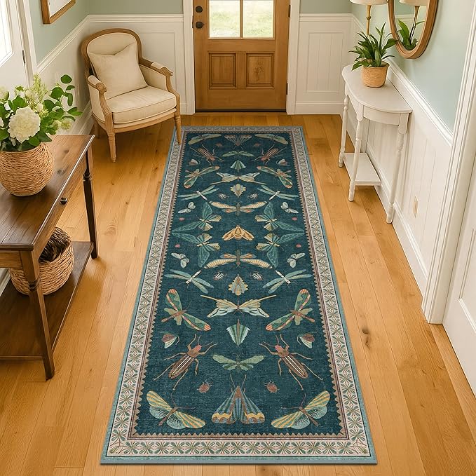 Hazo Haus Brown and Green Kitchen Sink Runner Rug 2x6 - Teal Boho Bathroom Rugs for Entrance Indoor, Insect Print Floral Vintage, Washable Non Skid Stain Resistant