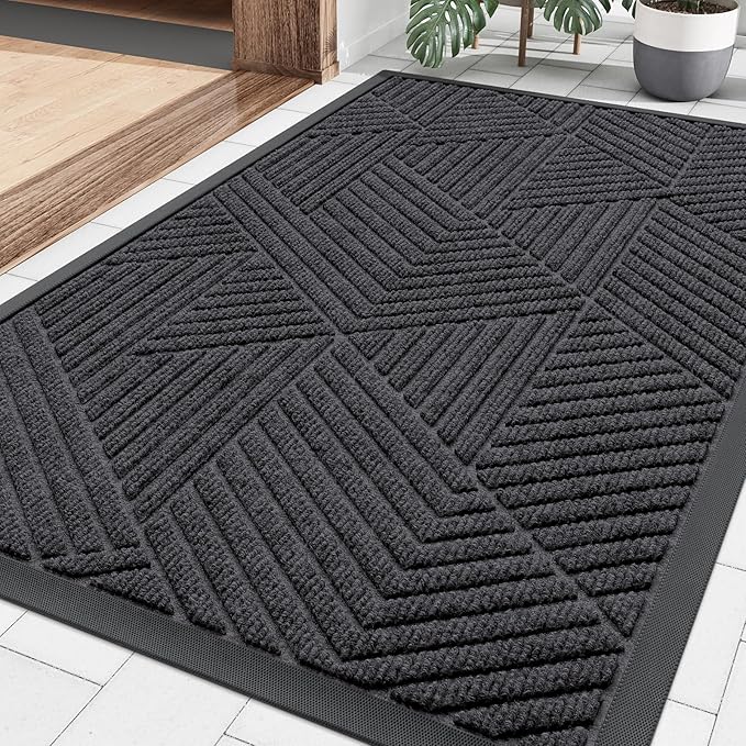 Smiry Front Door Mat Outside Entrance, Heavy Duty Sturdy Natural Rubber Doormat, Trap Dirt and Moisture, Easy Clean Low Profile Mats for Indoor Outdoor Entry, Irregular Triangle (29.5x17, Medium Grey)