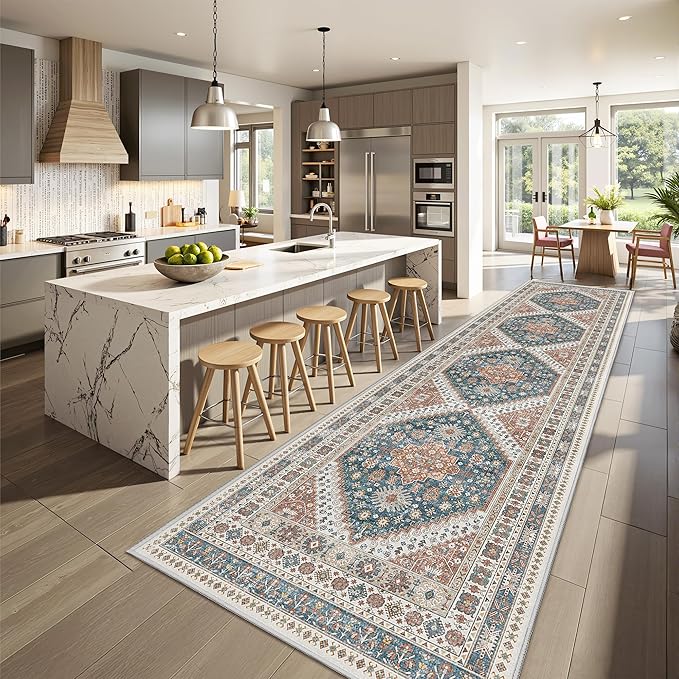 Runner Rug 2x10, Ultra-Thin Kitchen Rugs Non Slip Washable Rugs for Entryway Rug, Kitchen Runner Low Pile Vintage Soft Carpets for Living Room, Bathroom Bedroom (Blue/Red,2'x10')