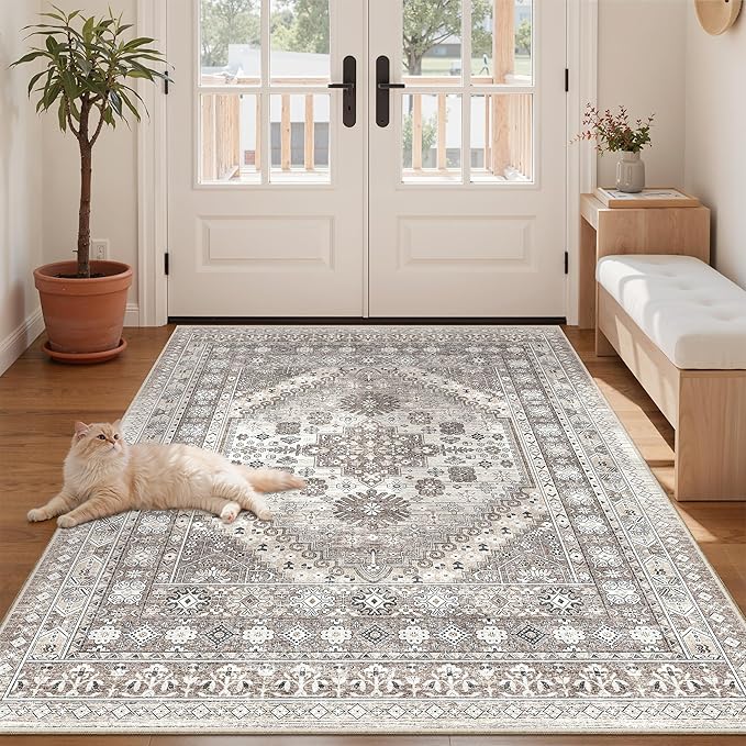 zesthome 4x6 Rug - Stain Resistant Washable Rug, Anti Slip Backing Rugs for Living Room, Foldable Vintage Small Area Rugs (Brown/Beige,4'x6')