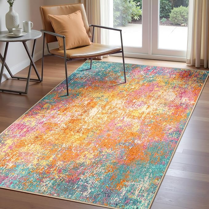 Washable Area Rugs 3'x5' Non-Slip Modern Abstract Soft for Living Room Entryway Bedroom Nursery, Print Pattern, Orange Blue Pink Yellow Colorful