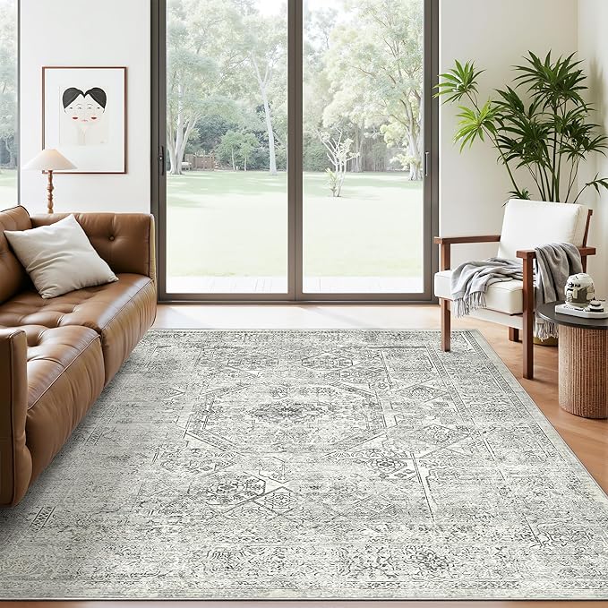 Soalmost 6x9 Area Rug for Living Room Floral Washable Non-Slip Gray Rugs for Bedroom Dinning Room Ultra-Thin Indoor Grey Rug