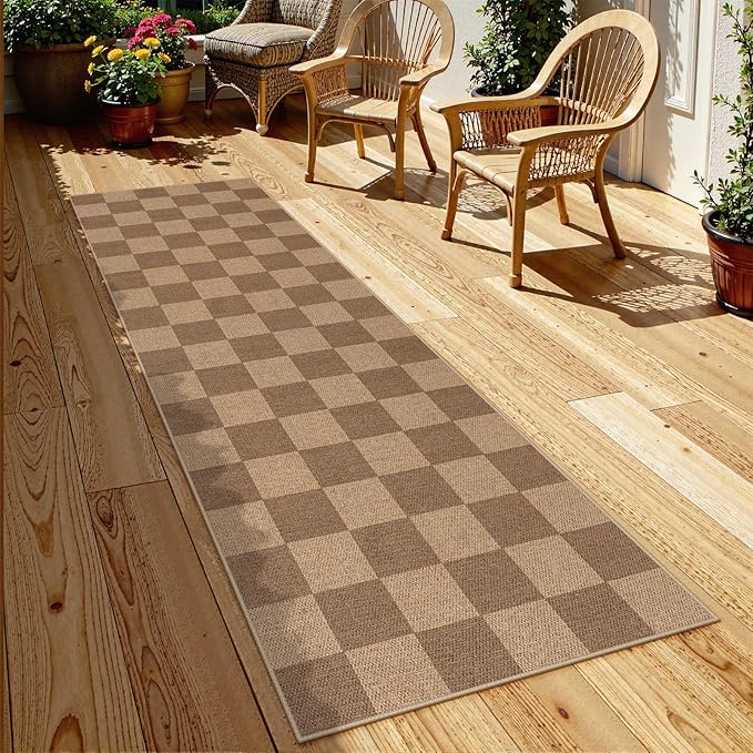 Lahome Colette Checkered Easy Jute Kitchen Runner, 2x8 Washable Indoor Outdoor Runner Rug, Checkerboard Non Slip Non Shedding Neutral Carpet for Hallway Entryway Foyer