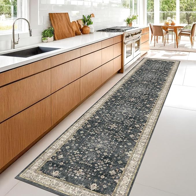 Hazo Haus Black Boho Washable 3x12 Extra Long Runner Rug for Hallway, Waterproof Large Kitchen Floor Rug, Non-Slip Stain & Fade Resistant, Vintage Floral Decor