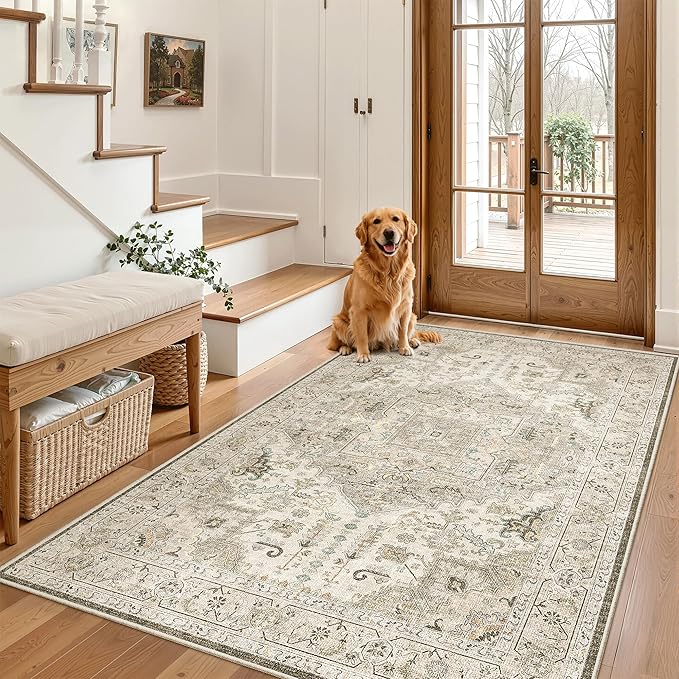 Madane Area Rug 3x5, Entryway Washable Printed Vintage Kitchen Carpet Non Slip Indoor Doormat for Living Room Laundry Room Bedroom Nursery Soft Thin Entry Floor Mat, Ivory/Brown