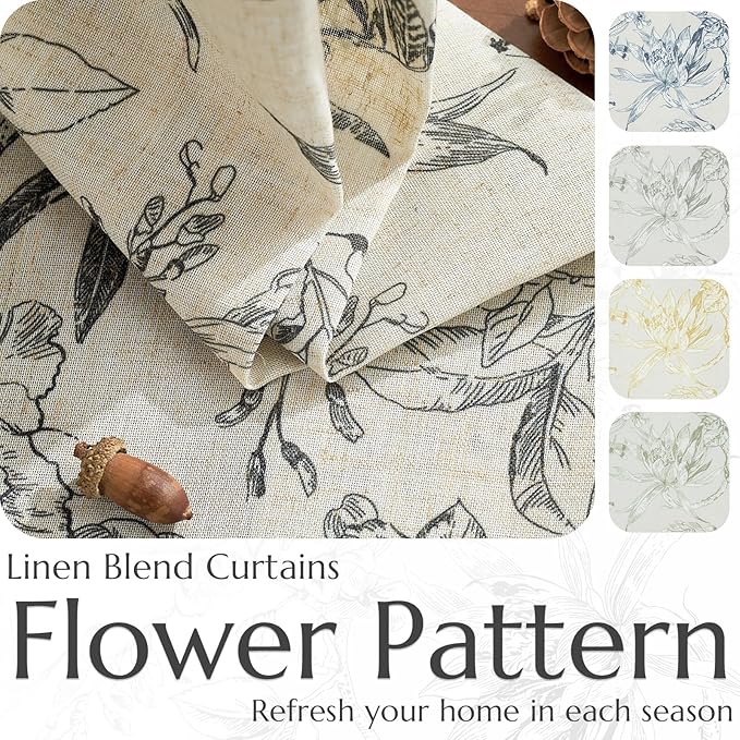 jinchan Floral Curtains 108 Inch Length Black Flower Linen Farmhouse Curtain for Living Room French Country Vintage Curtain Rod Pocket Curtains Set 2 Panels Balck Floral Printed