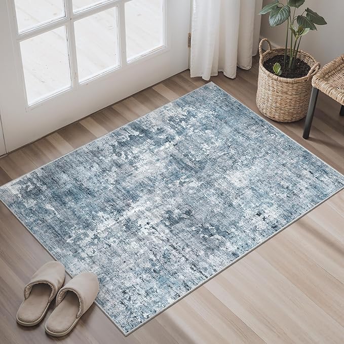 Soalmost 2x3 Abstract Washable Rugs for Kitchen, Floor, Entryway, Powder Room Small Area Rug Non-Slip Vintage Rug Low Pile Throw Door Mat Blue