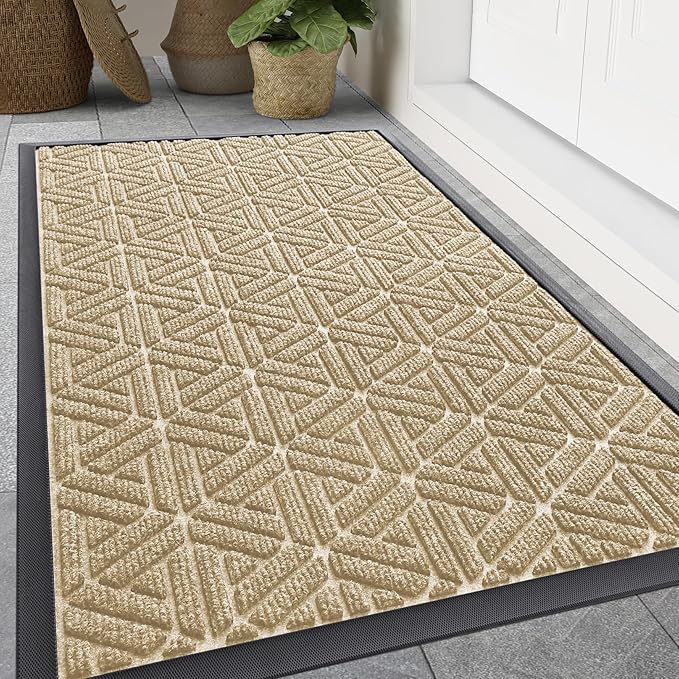 Smiry Front Door Mat Outside Entrance, Heavy Duty Sturdy Natural Rubber Doormat, Trap Dirt and Moisture, Easy Clean Low Profile Mats for Indoor Outdoor Entry, Grid Geometric (59x34, Beige)