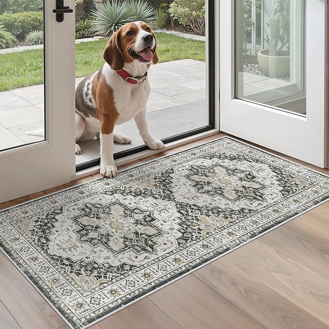 Madane Washable Area Rug 2x4, Small Entryway Rug Non-Slip Vintage Door Mat Indoor Entrance, Low Pile Floor Carpet Runner for Inside Front Door Kitchen Entry Laundry, Black