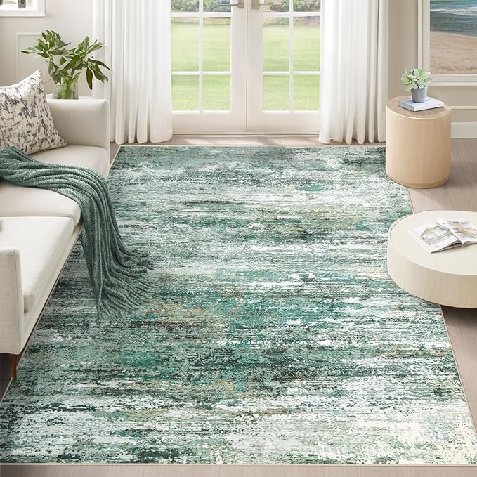 5x7 Area Rugs for Living Room, Washable Modern Abstract Large Area Rug Neutral Soft Non Slip Kids Rug Stain Resistant Indoor Carpet for Bedroom Nursery Dining Room Playroom(Green, 5'x7')
