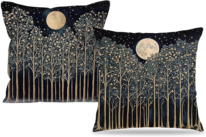 Rustic William Morris Night Moon Forest Green Decor Pillow Covers 18x18 Set of 2,Vintage Botanical Nature Landscape Decorative Throw Pillow Covers for Home Bedroom Living Room