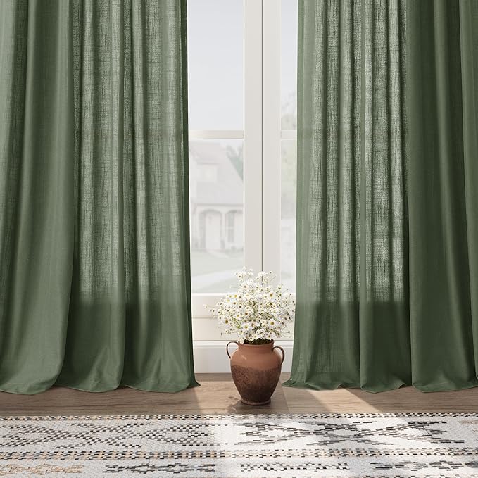 Extended Curtain Olive Green Linen Sheer Curtains for Living Room 2 Panels Set 116 Inch Length Back Tab Light Filtering & Breathability Semi Sheer Curtain Drapes for Bedroom Living Room 52x116