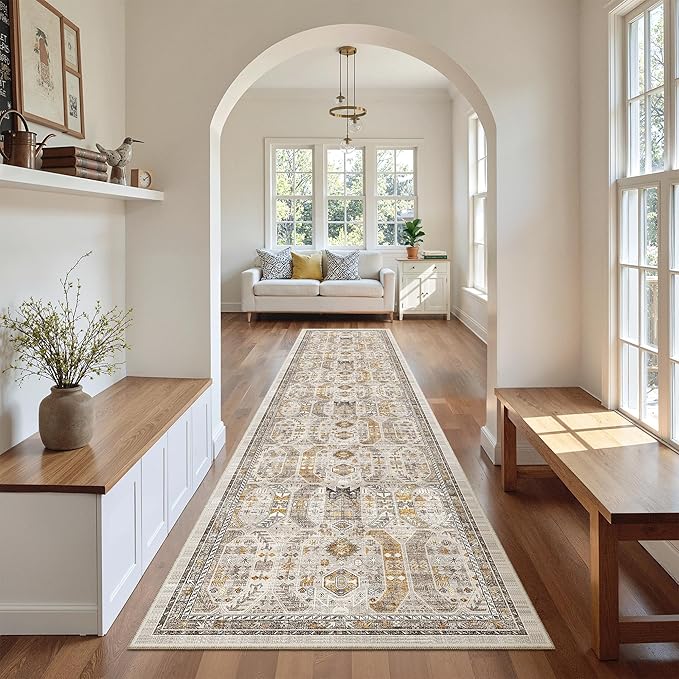 Madane Hallway Runner Rug 2'6''x12' Kitchen Runner, Non Slip Vintage Runners for Hallways Washable Kitchen Rugs Soft Low Pile 2.5x12 ft Rug Runner for Laundry Room, Entryway and Bedroom, Brown/Gold