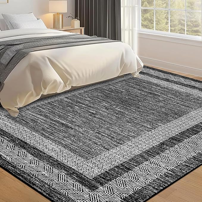 GarveeHome Large Washable Rug 9x12 Modern Geometric Non Slip, Distressed Bordered Printed Rug, Soft Non Shedding Indoor Carpet, Low Pile Thin Foldable Mats for Open Spaces Offices, Black