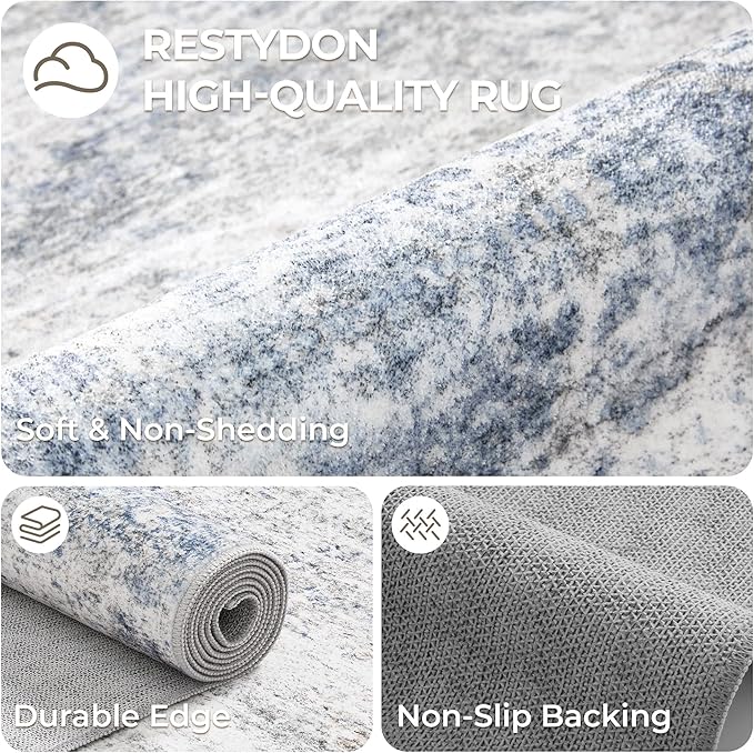 2x5 Rug Runner Washable for Entryway, Soft Bathroom Rugs with Non-Slip Backing, Abstract Low Pile Hallway Runner, Vintage Small Kitchen Carpet for Laundry Room(2'x5', Blue/Brown/Ivory)