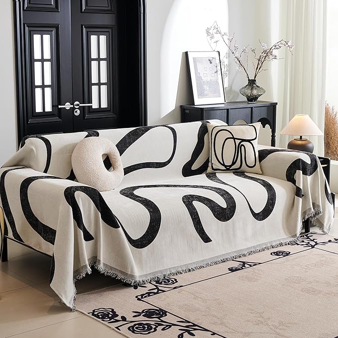 MYSKY HOME Couch Cover for 3 Cushion Couch Sofa Cover, Super Soft Boho Couch Covers for Dogs Washable, Jacquard Sofa Slipcover Furniture Protector for Living Room, 91" x 134", Black Curve