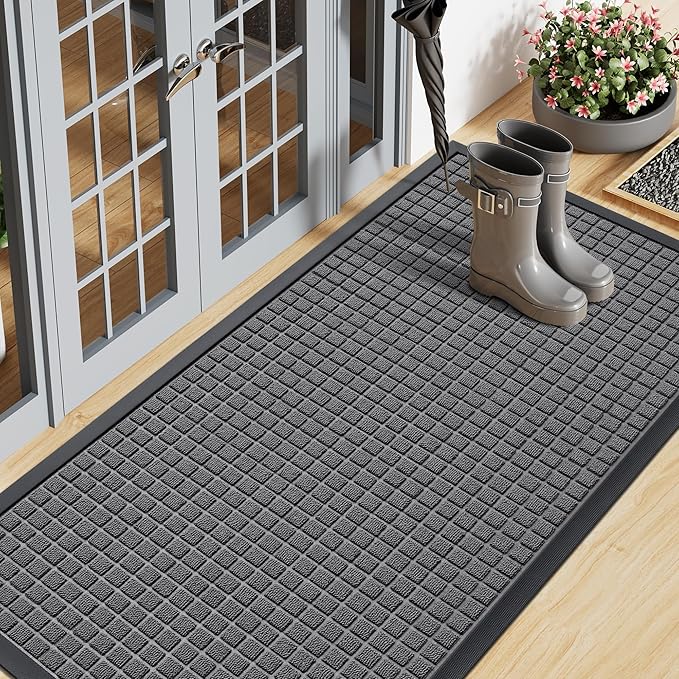 Smiry Front Door Mat Outside Entrance, Heavy Duty Natural Rubber Doormat, Non Slip, Trap Dirt and Moisture, Easy Clean, Low Profile Welcome Floor Mats for Indoor Outdoor Entry, 59x23 Inch, Grey