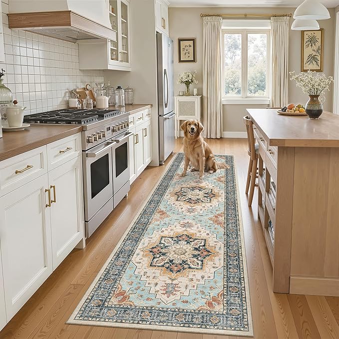 Madane Runner Rug 2x8, Washable Hallway Runner Rugs, Non-Slip Low-Pile Soft Kitchen Rug Runner Laundry Room Rug, Vintage Throw Entry Foyer Mat for Entrance Living Room (Orange/Blue, 2 x 8)