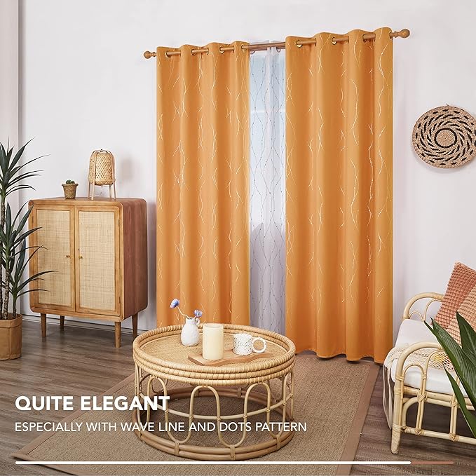 Deconovo Grommet Blackout Curtains for Home Decoration, 54 Inch Long, Set of 2 - Window Curtain Panels, Wave Line and Dots Pattern (52 x 54 Inch, Orange Flame, Set of 2)