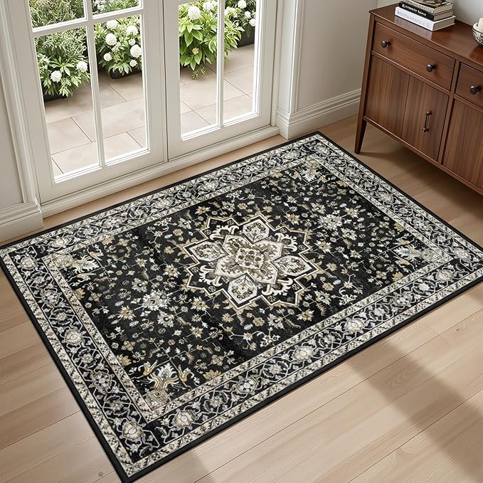 2x3 Area Rugs Living Room Rug: Washable Vintage Boho Medallion Rug No Slip Stain Resistant Soft Carpet Indoor Large Carpets for Bedroom Dining Room Farmhouse Nursery Hallway Home Office Black Gold