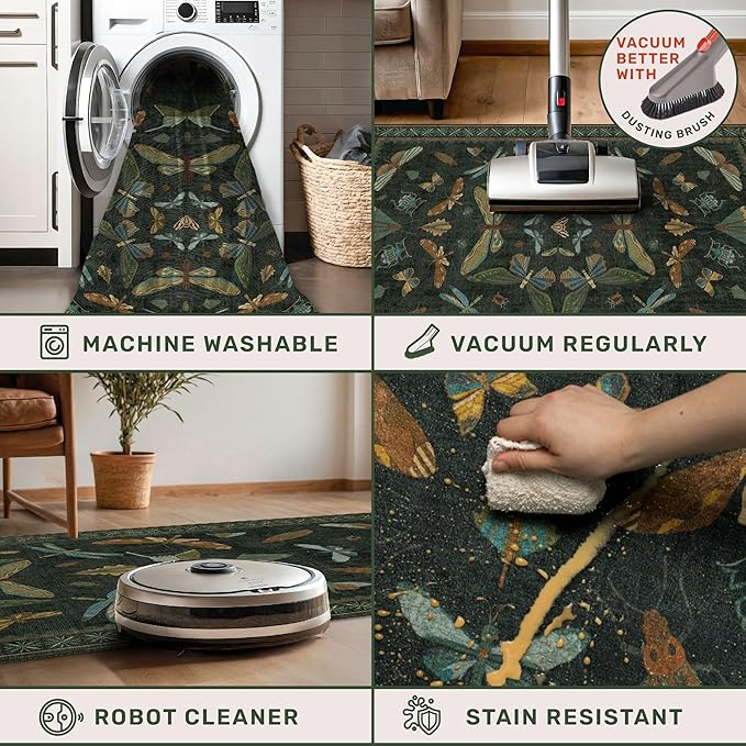 2x10 10ft Long Hallway Rug Runner - Washable Boho Rug for Entryway Idoor Non Slip, Dark Green Forest Butterfly Vintage Carpet, Low Pile & Soft Stain Resistant Indoor Décor