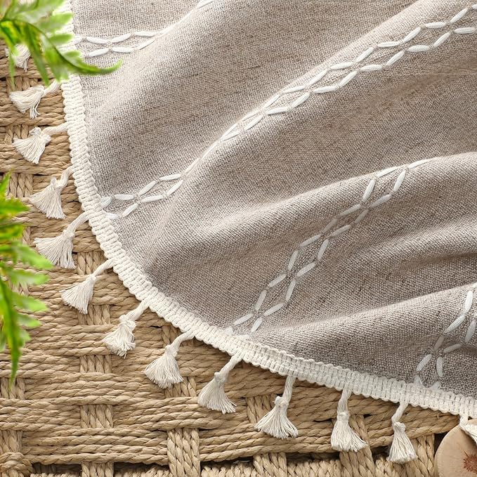 Boho Blackout Curtains 90 Inches Long Brown Linen Blend 2 Panels with Tassels and Cotton Embroidery, Farmhouse Vintage Rustic Rod Pocket Drapes for Living Room or Bedroom