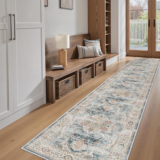 Madane Hallway Runner Rug 2x12, Extra Long Washable Runner Rugs with Rubber Backing, Non Slip Carpet Runner, Vintage Rug Runners for Kitchen Laundry Room Entryway (Navy, 2'x12')