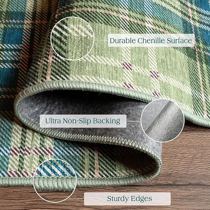 Front Door Mat Indoor Entrance - 2x4.3 Ft Buffalo Washable Layered Doormat Outdoor Entrance Porch Rug Non-Slip Green Teal Plaid Tartan Runner Rug for Kitchen Bedroom Laundry Room Porch Decor