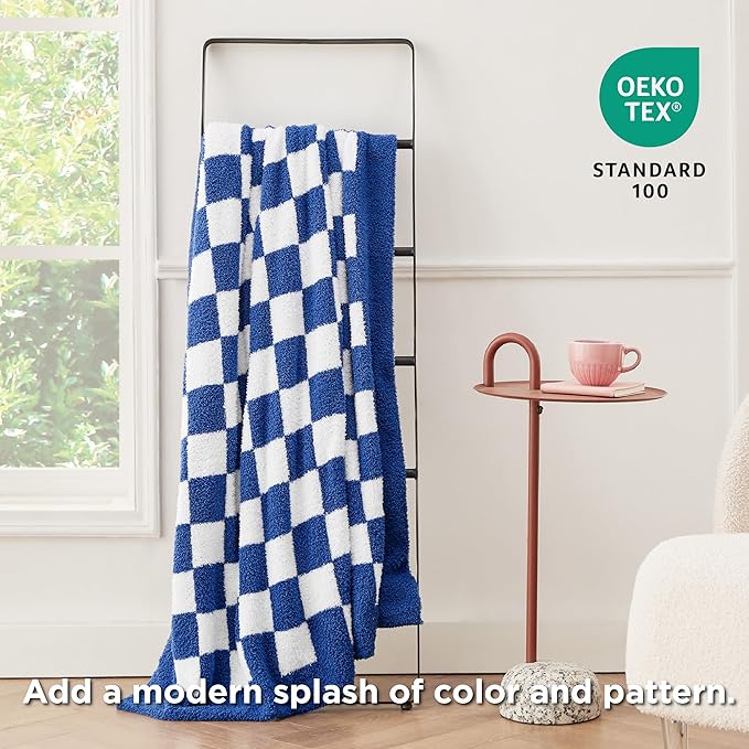 Bedsure Gentlesoft Checkered Twin Blanket for Couch - Soft Cozy & Warm Knit Navy Blue Throw Blanket, Breathable, Lightweight & Fluffy Plaid Blankets for Bed & Sofa, Gifts for Women Men, 60x80 Inches