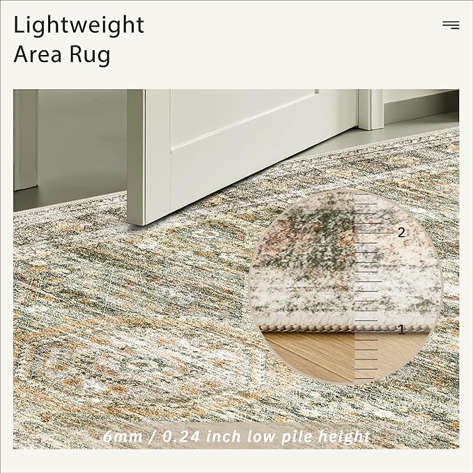 5x7 Area Rugs Green Orange Low Pile Indoor Washable Trendy Faded Style Rugs for Bedroom Living Room Dining Room Foldable Non-Slip Thin Print Mat