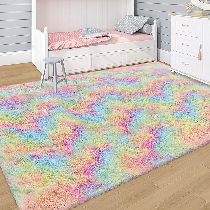 Fluffy Rainbow Colorful Area Rug for Living Room 5x8 Kawaii Tie Dye Rug Fuzzy Indoor Floor Unicorn Rug for Bedroom Girls Kids Nursery Baby Princess Room Dorm Home Decor Aesthetic Carpets