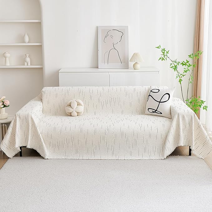 MYSKY HOME Couch Cover for Dogs, Sectional Couch Cover, Beige Lines Sofa Covers for Sectional Sofa L Shape Chenille Couch Protector for Dogs Pets Couch Covers Washable Soft Throw, 91"X118"