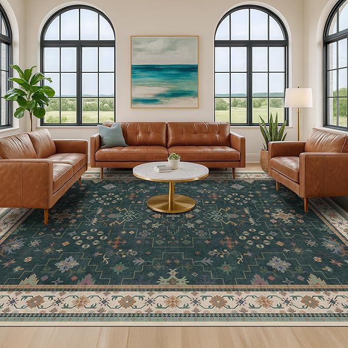 Hazo Haus Dark Green Oushak Living Room Rug 10x12 - Modern Vintage Boho Eclectic Floral Pastel, Washable Low Pile Non-Slip Extra Large Area Rugs for Dining Under Table Bedroom Lounge