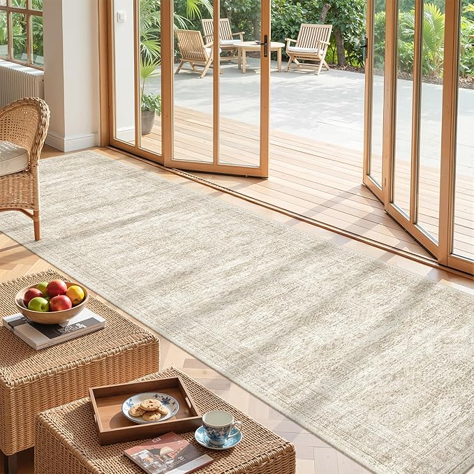Kitchen Runner Rugs Non Skid Washable - 2.5 x 10 Runner Rug with Anti Slip Backing, Ultra-Thin Soft Rug Runner for Hallway, Bedroom, Living Room (2.5'x10', Beige/Ivory)