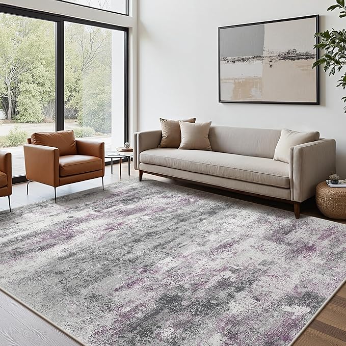 Area Rugs 8x10 for Living Room Bedroom, Modern Abstract Machine Washable Rug, Large Soft Low Pile Floor Carpet with Non Slip Backing for Dining Room, Grey/Purple