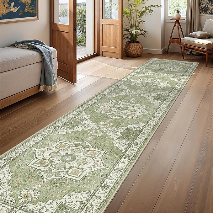 Runner Rug 2x10, Ultra-Thin Kitchen Rugs Non Slip Washable Rugs for Entryway Rug, Kitchen Runner Low Pile Vintage Soft Carpets for Living Room, Bathroom Bedroom (Light Green,2'x10')