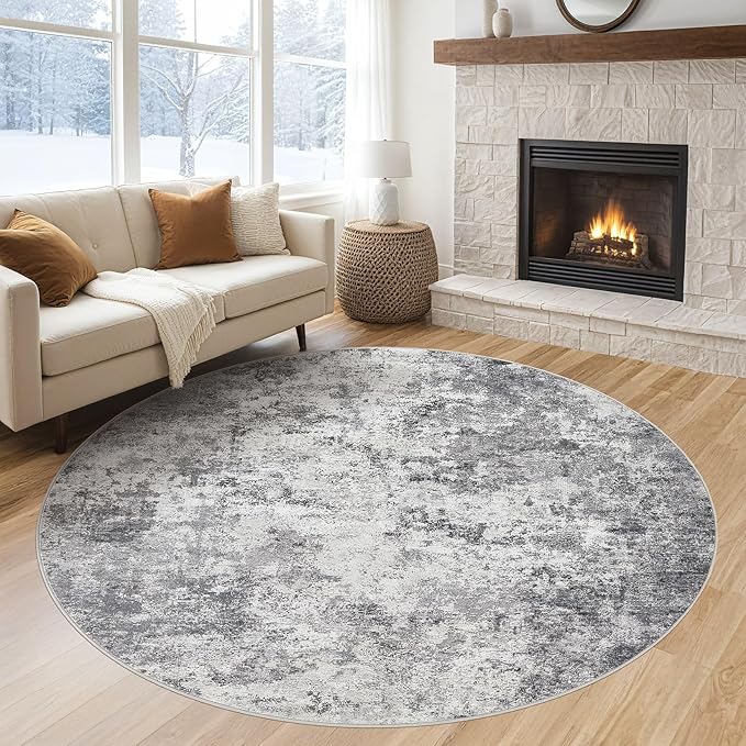 UERMEI 6ft Round Area Rug Living Room Rugs - 6x6 Washable Neutral Modern Abstract Soft Thin Rug Indoor Floor No Slip Rug Carpet for Bedroom Under Dining Table Home Office Decor - Grey