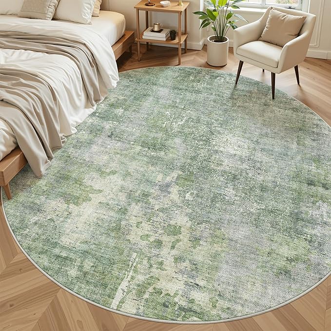 9x9 Green/Ivory Round Rug 9ft Living Room Circle Rug Vintage Round Area Rug Non Slip Indoor Carpet for Apartment