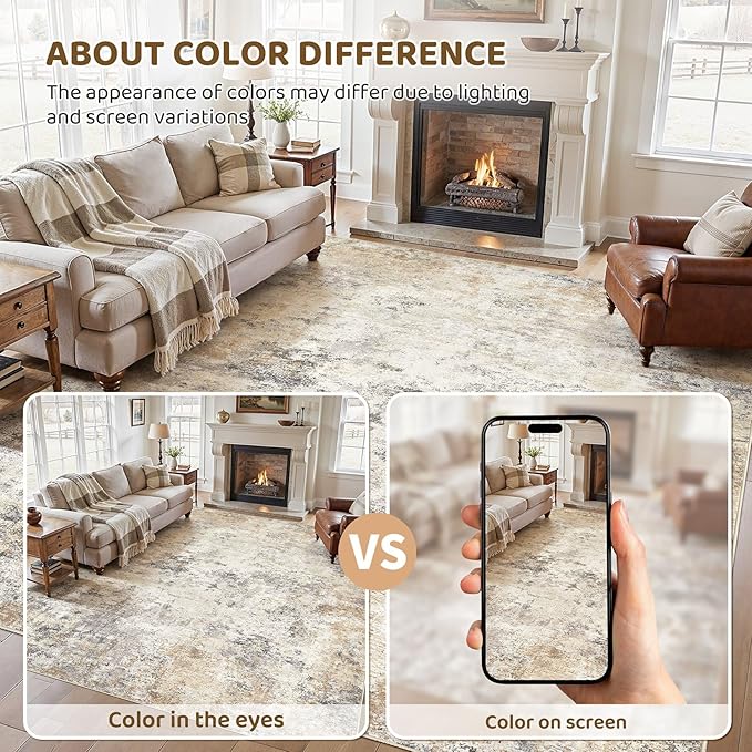 UERMEI 8x10 Area Rug Living Room Rugs - Washable Neutral Modern Abstract Soft Thin Large Rug Indoor Floor No Slip Rug Carpet for Bedroom Under Dining Table Home Office Decor - Golden Grey