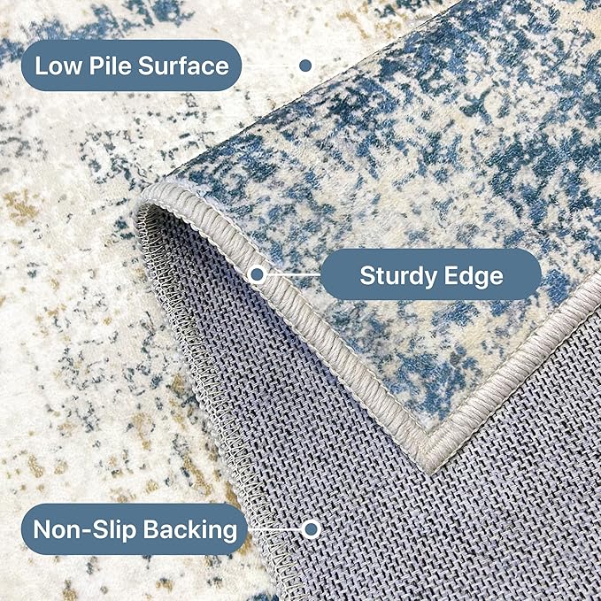 Runner Rug for Hallway Kitchen, 2'6"x10' Machine Washable Runners Rug for Entryway, Soft Modern Abstract Throw Rugs, Low Pile Floor Cover with Non Slip Backing, Navy Beige