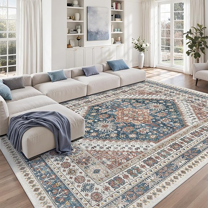 zesthome 9x12 Area Rugs,Stain Resistant Washable Rug,Ultra-Thin Rugs for Living Room,Bedroom,Non-Slip Backing Home Decor Large Area Rug (Navy Blue/Red,9'x12')