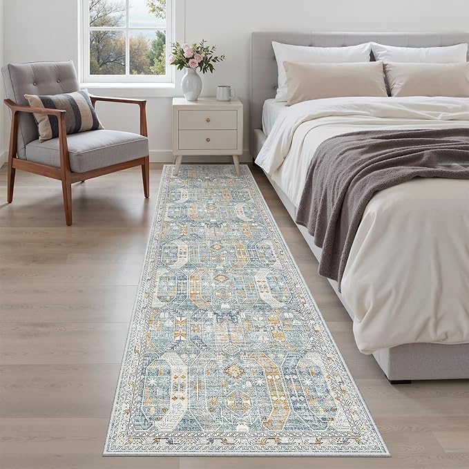 Madane Runner Rug 2x8, Washable Hallway Runner Rugs, Non-Slip Low-Pile Soft Kitchen Rug Runner Laundry Room Rug, Vintage Throw Entry Foyer Mat for Entrance Living Room (Blue/Gold, 2 x 8)