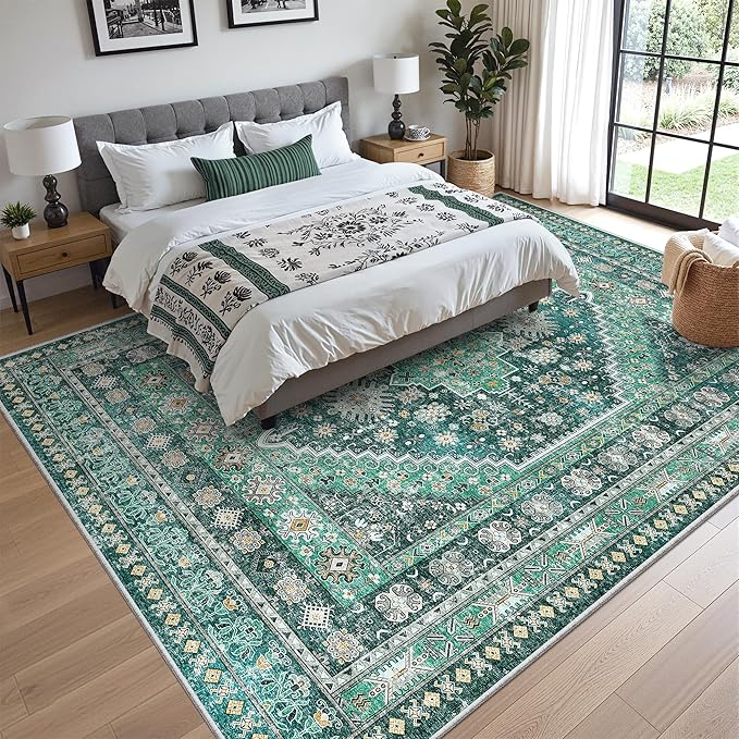 zesthome 8x10 Area Rugs for Living Room,Non-Slip Backing Washable Rugs,Vintage Large Area Rug，Stain Resistant Home Decor Rug(Green/Teal,8'x10')