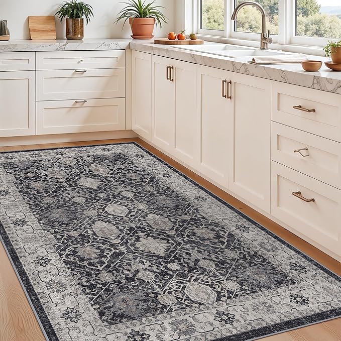 4x6 Living Room Area Rugs: Washable Non-Slip Boho Decorative Rugs for Bedroom Nursery Low Pile Neutral Small Carpet for Kitchen Dining Room Non-Shedding Floor Mat for Kids Room Office (4x6，Black)