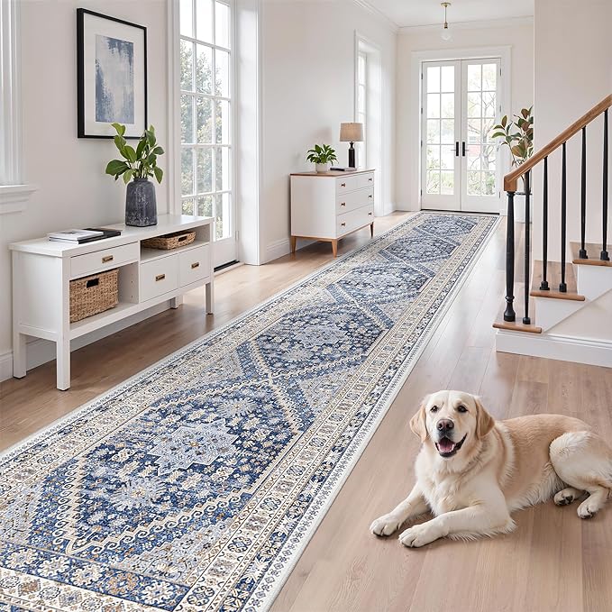 zesthome Washable Runner Rug 2.5x14 - Stain Resistant Entryway Rug,Ultra-Thin Kitchen Rugs, Anti Slip Backing Runner Rugs for Entrance Laundry Room Indoor Hallway (Blue/Beige,2.5'x14')