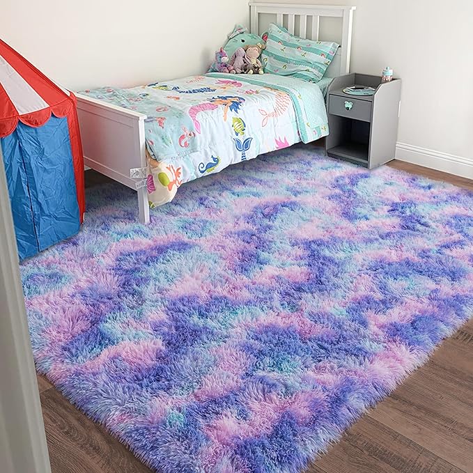 Rugs for Bedroom 4x6, Soft Shaggy Modern Shag Area Rug for Living Room, Upgrade Non-Slip Plush Fluffy Carpet for Kids Boys Girls Room Home Decor Aesthetic, Rainbow Purple