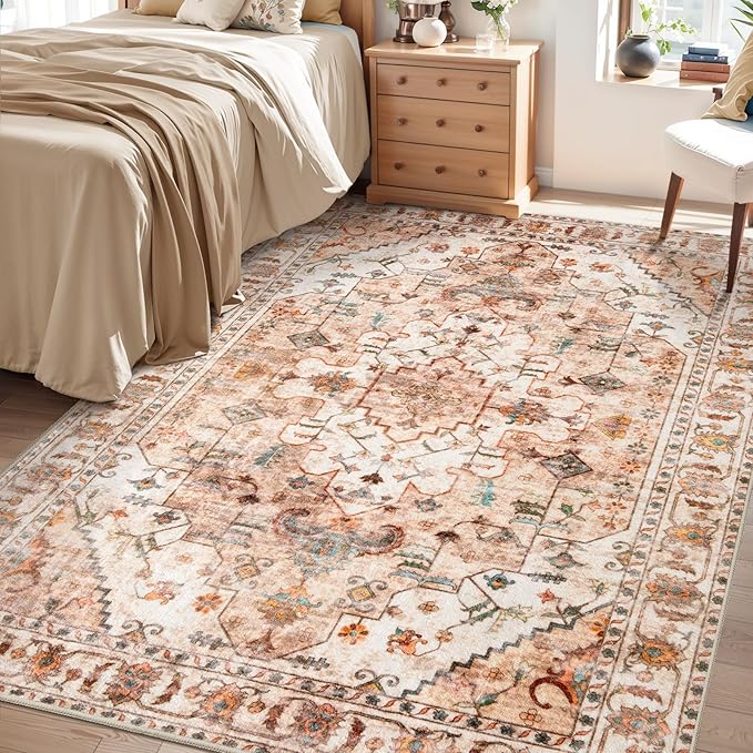 SERISSA 4x6 Boho Bedroom Rug, Washable Non Slip Vintage Peach Cream Area Rugs, Ultra Soft Print Distressed Tribal Entry Rug Low-Pile Throw Carpet for Nursery Dorm Kitchen Living Room Decor