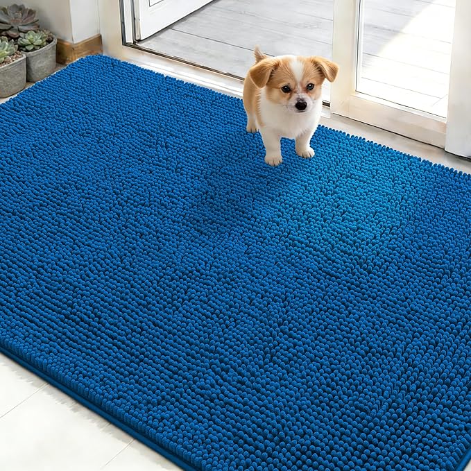 OLANLY Dog Door Mat for Muddy Paws 50x30, Absorbs Moisture and Dirt, Absorbent Non-Slip Washable Doormat, Quick Dry Chenille Mud Mat, Entry Indoor Entryway Carpet for Inside Floor, Deep Navy Blue